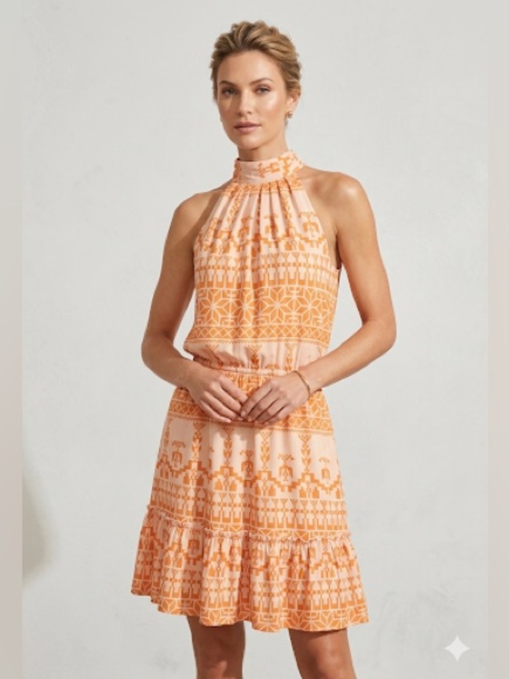 BTFBM Orange Print Halter Mini Dress Size S Open Back Ruffle‎ Hem